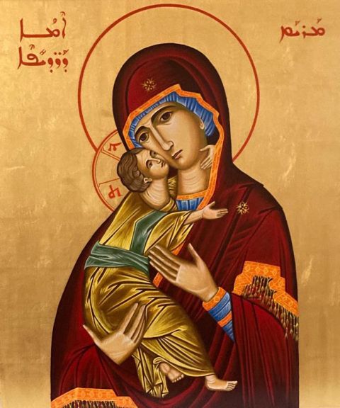 This icon of Mary and the Christ Child was written by Melkite Sr. Souraya Herro for the Mary, Mother of Persecuted Christians shrine located in the Church of Our Lady of the Assumption and St. Gregory in central London. (CNS/Courtesy of Benedict Kiely)