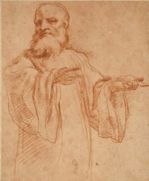 "St. Benedict Gesturing to the Left; Study for the Coronation of the Virgin" (1520-23) by Correggio (Artvee)
