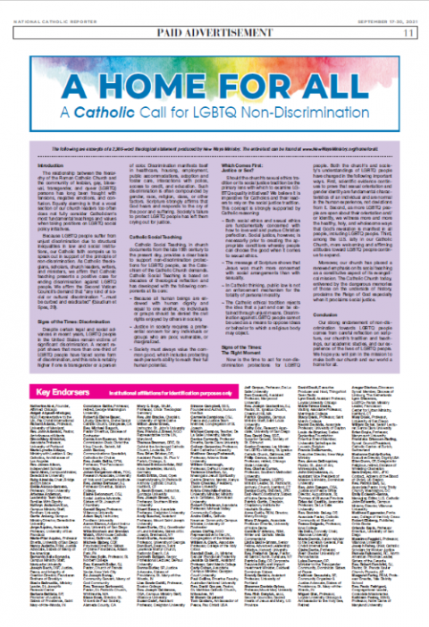 A Home for All: The first page of a four-page advertisement in the Sept. 17 print edition of the National Catholic Reporter that featured more than 2,000 signatories to New Ways Ministry's "A Home for All" statement (GSR screenshot)