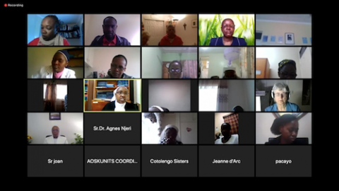 View of a webinar about the global sisterhood's response to challenges posed by COVID-19, co-sponsored by The Leaders Guild of Tangaza University and the Association of Sisters of Kenya. (GSR screenshot)
