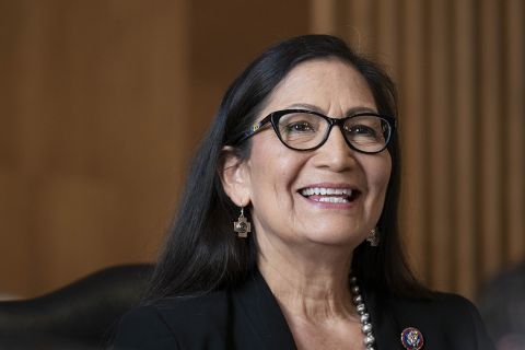 Rep. Debra Haaland (D-New Mexico) prepares to testify as secretary of the interior nominee during a Senate Energy and Natural Resources Committee confirmation hearing in Washington Feb. 24. (Newscom/SplashNews/Pool via CNP/Sarah Silbiger)
