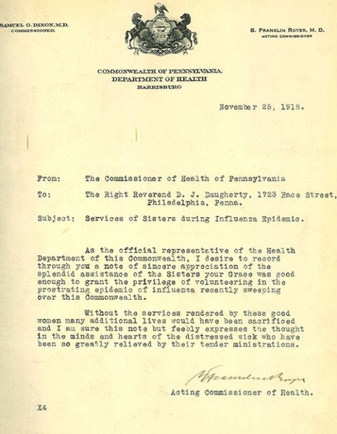 The Pennsylvania commissioner of health writes the archbishop with appreciation for the work of the Catholic sisters in the 1918 epidemic. (Catholic Historical Research Center, Archdiocese of Philadelphia)