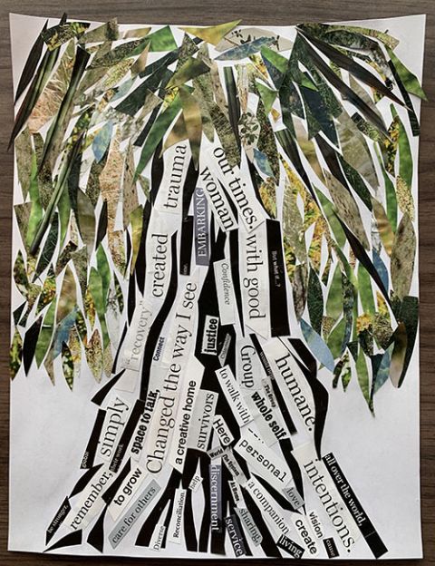 A collage I made during our recent Good Shepherd Volunteers midyear retreat focused on simplicity and social justice, depicting my desire to stay rooted in the tenets of social justice, simplicity, spirituality and community. (Maddie Thompson)