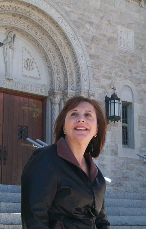 The author at the door of St. Scholastica Chapel at Mount St. Scholastica in pre-pandemic time (Judith Sutera, OSB)