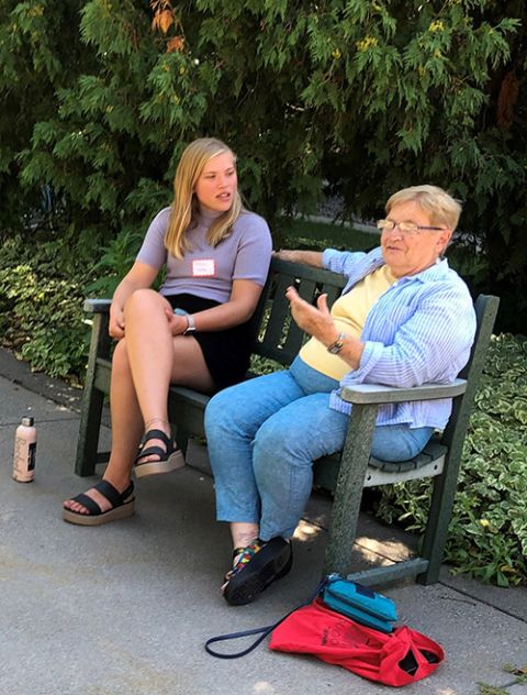 Rachel Barth, left, talks with St. Joseph Sr. Therese Sherlock as part of an orientation one-to-one conversation in August 2021 in St. Paul, Minnesota. (Courtesy of the St. Joseph Worker Program)