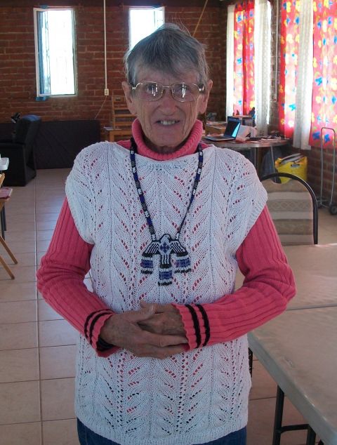 Sr. Frances Smith wears an eagle pendant made by Armando, father to Joel, a Weavers of Hope grant student. This kind of bead work is done by the Huichol people. (Courtesy of Sr. Frances Smith) Sr. Frances Smith wears an eagle pendant made by Armando, father to Joel, a Weavers of Hope grant student. This kind of bead work is done by the Huichol people. (Courtesy of Sr. Frances Smith)