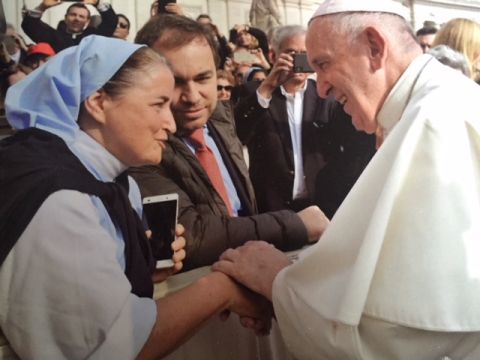 Sr. Sophie de Jésus meets Pope Francis in October 2019 along with representatives of the World Association of Children's Friends, or AMADE, an organization committed to the protection of development of children worldwide. AMADE, led by Princess Caroline o