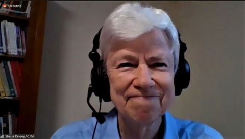Sr. Sheila Kinsey, a member of the Franciscan Sisters, Daughters of the Sacred Hearts of Jesus, speaks during the webinar. (Screenshot by Sarah Mac Donald)
