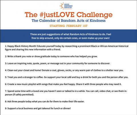 A suggested calendar for acts of random kindness posted to social media ahead of #justLOVE Day (Celina Kim Chapman)