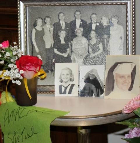 At a party on Aug. 15, the New Haven community assembled a festive grouping of pictures, candles, produce, flowers and other materials to celebrate Sr. Julia Grey's 60th anniversary as a Dominican. (Elizabeth Eisenstadt Evans)