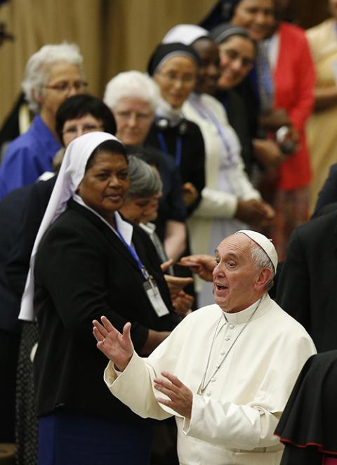 Pope Francis gestures during an audience with the members of the International Union of Superiors General in Paul VI hall at the Vatican May 12, 2016. (CNS/Paul Haring) Pope Francis gestures during an audience with the members of the International Union of Superiors General in Paul VI hall at the Vatican May 12, 2016. (CNS/Paul Haring)