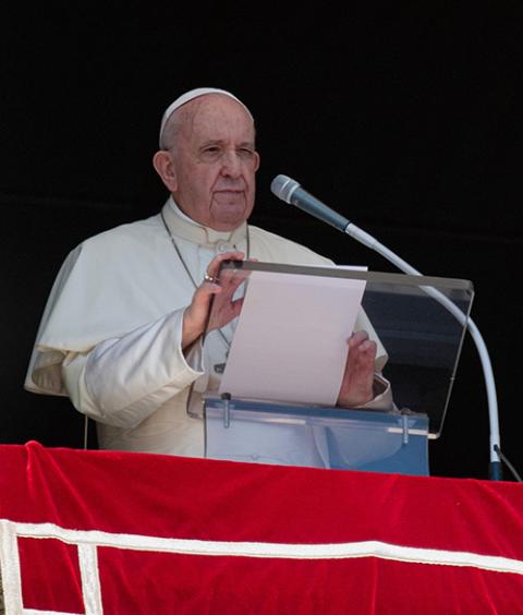 Pope Francis leads the Angelus from the window of his studio overlooking St. Peter's Square at the Vatican Sept. 6, 2020. During his address, the pope spoke about the dangers of gossip in the church. (CNS/Vatican Media)