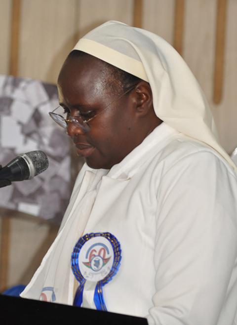 Sr. Pasilisa Namikoye of the Little Sisters of St. Francis and the AOSK executive secretary, gives a speech during the diamond jubilee celebration of the association. (Lourine Oluoch)