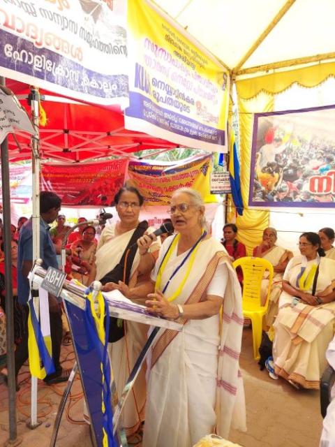 Medical Mission Sr. Philomine Mary Thakadiyel, 91, speaks at a protest supporting fish workers in Kerala, India.