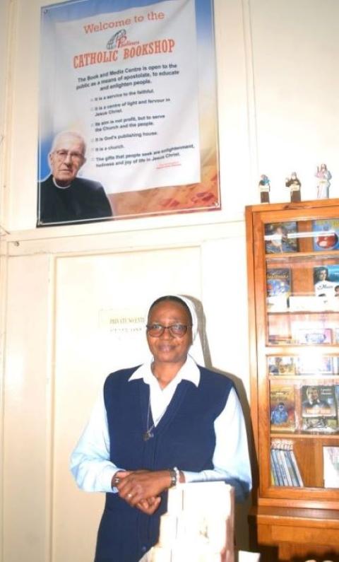 Daughter of St. Paul Sr. Mary Kioko runs the Paulines Catholic Bookshop in Lusaka, Zambia. (GSR photo/Derrick Silimina)