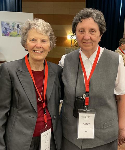 Presentation Sr. Joyce Meyer, international liaison for Global Sisters Report, and Social Service Sr. Magdolna Kővári at the International Union of Superiors General Plenary in Rome in May 2022 (GSR photo)