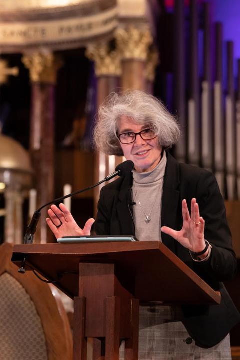 Sr. Nathalie Becquart delivers a lecture March 28 at the Church of St. Paul the Apostle in Manhattan, New York. (Fordham University/Leo Sorel)