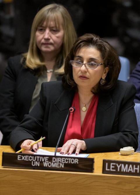 Sima Bahous, executive director of UN Women, speaks March 7 to the U.N. Security Council about U.N. Resolution 1325. (UN/Manuel Elías)