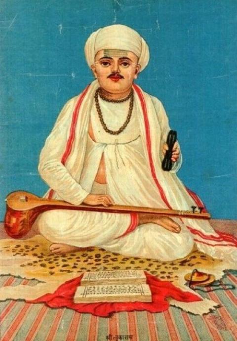 St. Tukaram, a 16th-century Hindu poet from Maharashtra, India, is known for his devotional poetry. Wikimedia Commons/Public Domain/ Ravi Varma Press/Anant Shivaji Desai)