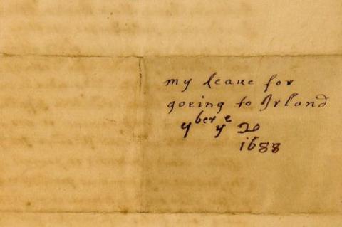 Irish Benedictine Sr. Mary Butler's 1688 "leave for goeing to Irland" (Courtesy of the Benedictine Monastery Archive, Kylemore Abbey, Co. Galway)