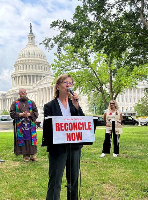 Mary Novak, Network executive director, speaks at a 2022 rally on Capitol Hill. (Courtesy of Network Lobby)