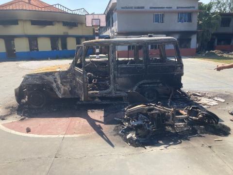A jeep and the Catholic pastoral center in Imphal, attacked by a mob during communal clashes in Manipur state, India (Courtesy of the Archdiocese of Imphal)