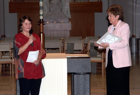 Adrian Dominican Sr. Donna Markham, right, then prioress, presides over the formal entrance ceremony for Sr. Elise Garcia in April 2005. Garcia is currently the prioress. (Photo courtesy of Adrian Dominican Sisters)