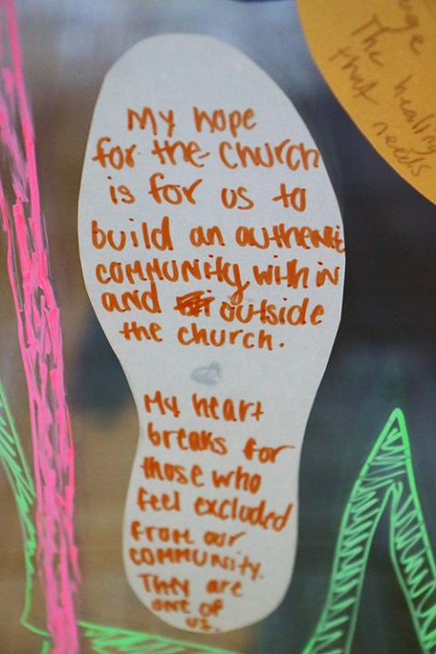 A student's message about participating in listening sessions in preparation for the 2023 world Synod of Bishops on synodality is seen April 4, 2022, at La Salle University in Philadelphia. (CNS/CatholicPhilly.com/Sarah Webb)