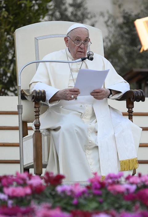 Pope Francis gives his homily during an ecumenical prayer vigil ahead of the assembly of the Synod of Bishops in St. Peter's Square at the Vatican Sept. 30. (CNS/Vatican Media)