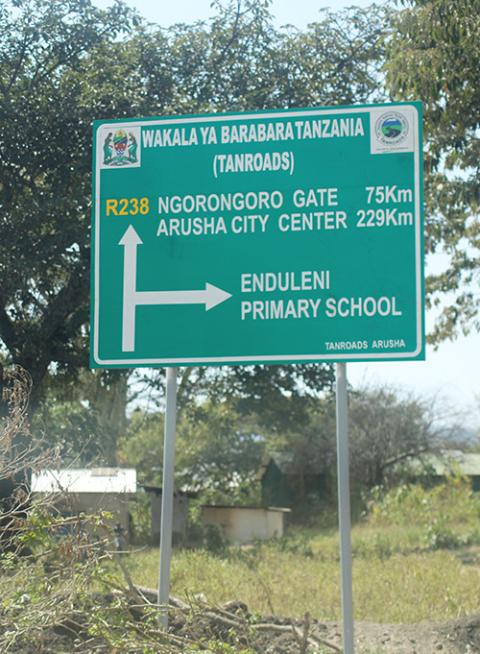 A sign stands near Endulen Primary School in Ngorongoro conservation area in northern Tanzania. (GSR photo/Doreen Ajiambo)