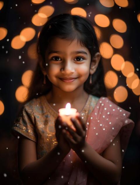 Girl holds a candle in front of a display of lights.