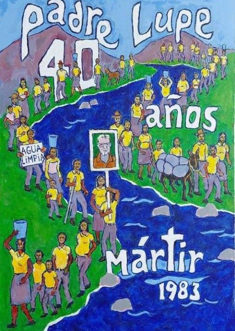 Illustration shows a blue river with people standing at the edges. It says: "Padre Lupe, 40 anos"