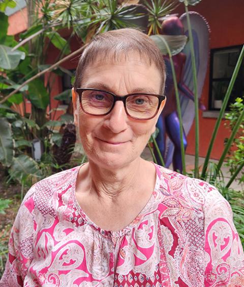 Sr. Margaret Farrell, a member of the Religious Sisters of Charity, and the spiritual ministry coordinator at Covenant House California in the courtyard of the group's offices in Los Angeles (GSR photo/Chris Herlinger)