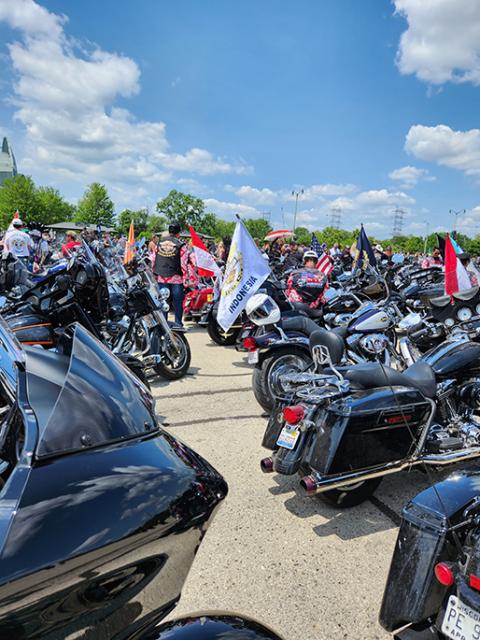 Staging area for the Harley-Davidson 120th anniversary parade, July 2023 in Milwaukee (Jane Marie Bradish)