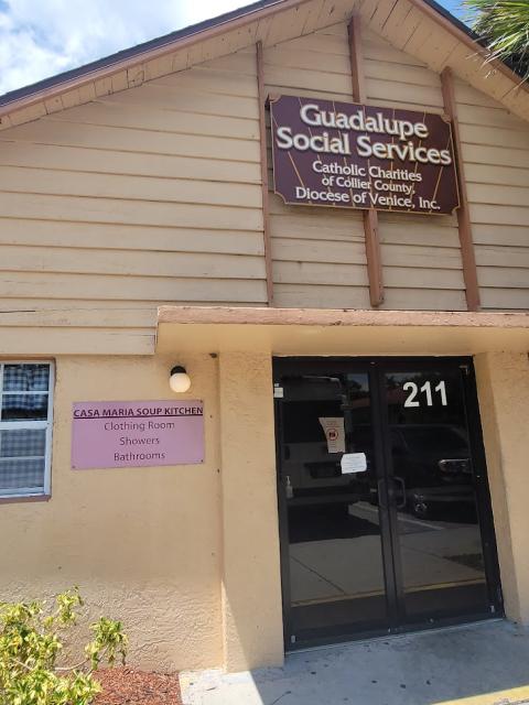 Exterior of building with sign: Guadalupe Social Services