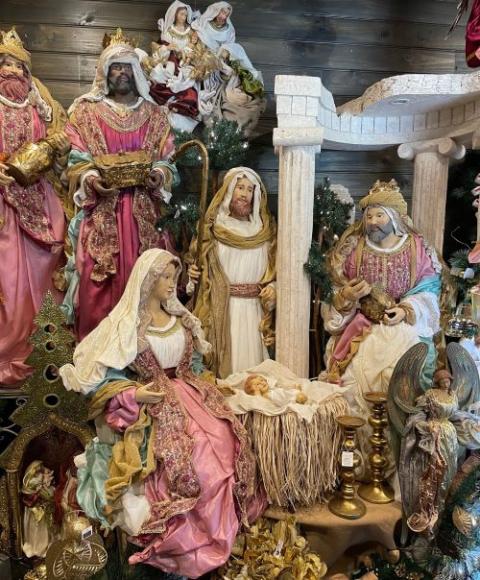 A creche scene, with Mary, Joseph, baby Jesus and the Wise Men. 