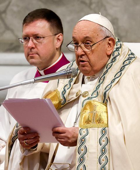 Pope Francis gives his homily during Mass for the feast of Mary, Mother of God, and World Peace Day in St. Peter's Basilica at the Vatican Jan. 1. (CNS/Lola Gomez)