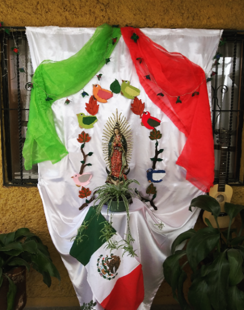 An altar in the courtyard dedicated to the Virgin of Guadalupe. 