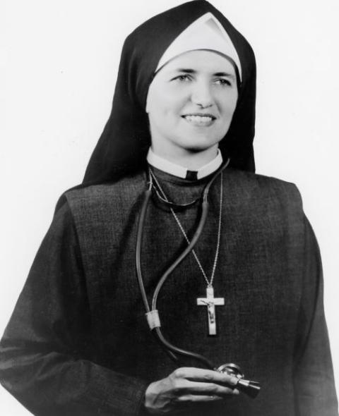 Medical Mission Sr. Mary Frederic (Eileen) Niedfield, MMS, circa 1955, on her way to India as a surgeon, providing health care to women in rural areas.