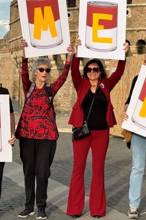 Rosemary Ganley, left, and the Rev. Angela Nevitt Meyer hold letters as part of a group that spelled out "Ordain Women" near St. Peter's Basilica as the synod on synodality began Oct. 2 at the Vatican. (NCR photo/Rhina Guidos) Rosemary Ganley, left, and the Rev. Angela Nevitt Meyer hold letters as part of a group that spelled out "Ordain Women" near St. Peter's Basilica as the synod on synodality began Oct. 2 at the Vatican. (NCR photo/Rhina Guidos)