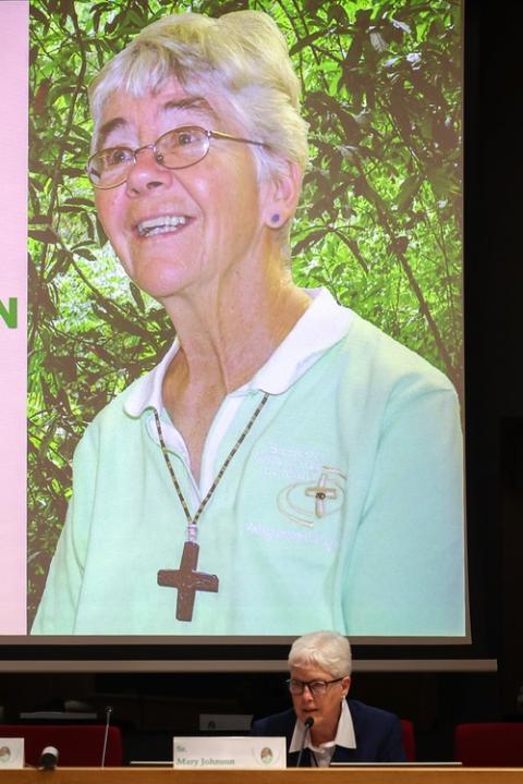 Sr. Mary Johnson, congregational leader of the Sisters of Notre Dame de Namur. Frame filled with Stang's image projected on screen, at bottom is Sr. Johnson at panel.