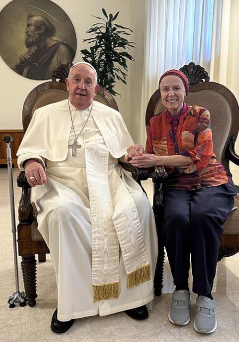 Pope Francis poses for a photo with Loretto Sr. Jeannine Gramick during a meeting with a delegation from New Ways Ministry at his residence at the Vatican Oct. 12, 2024. (CNS/Courtesy of New Ways Ministry)