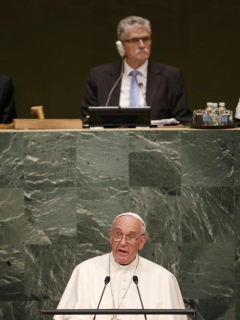 Pope Francis addresses the General Assembly of the United Nations in New York Sept. 25, 2015. (CNS/Reuters/Mike Segar)