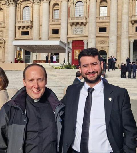 Argentine Fr. Lisandro Scarabino, left, poses for a photo in front of St. Peter's Square April 26, 2025, ahead of the funeral Mass for Pope Francis. (Courtesy of Fr. Lisandro Scarabino) 