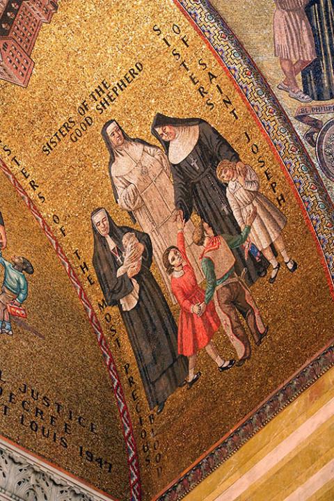 A glass mosaic by Hildreth Meière in the Cathedral Basilica of St. Louis shows the arrival of the Sisters of St. Joseph of Carondelet and the Sisters of the Good Shepherd in St. Louis, Missouri. (Courtesy of the International Hildreth Meière Association)