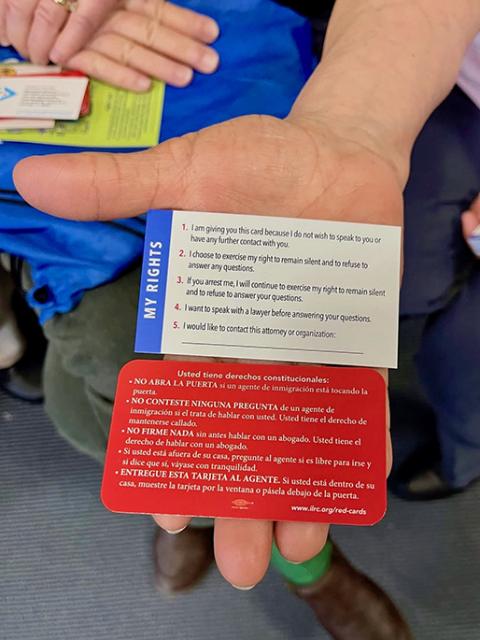 "Know your rights" cards in Spanish and English provide migrants and mentors with legal information about their right to due process. (Courtesy of Migrant Ministry)