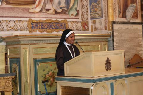 Sr. Lismy Parayil, CMC, speaks to the audience about her experience as a filmmaker at the Global Jubilee Conference, during the Jubilee of the World of Communications, in Rome, Jan. 24-26. (Courtesy of Lismy Parayil) Sr. Lismy Parayil, CMC, speaks to the audience about her experience as a filmmaker at the Global Jubilee Conference, during the Jubilee of the World of Communications, in Rome, Jan. 24-26. (Courtesy of Lismy Parayil)