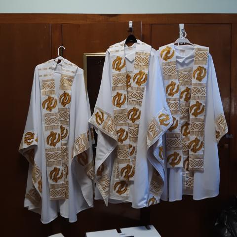 Vestments made by Sr. Jannette Pruitt that celebrate Afrocentric heritage. (Courtesy of Jannette Pruitt) White vestments with gold accents and embroidery made by Sr. Jannette Pruitt