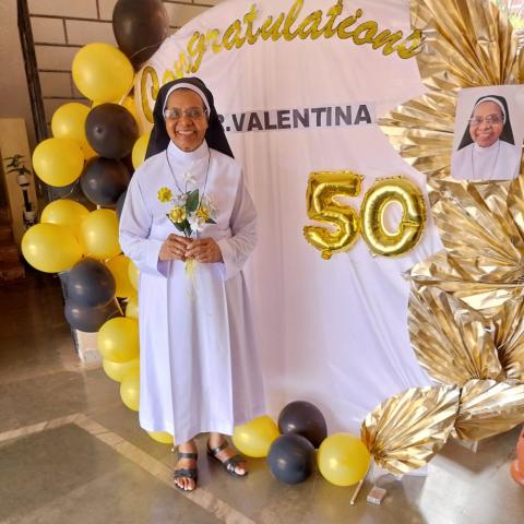Sr. Valentine Cota celebrates the golden years of her religious life on the occasion of her Golden Jubilee on May 13, 2025, at Holy Family Convent in Sancoale, Goa. (Courtesy of Molly Fernades)