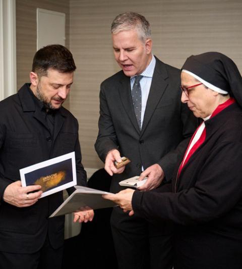 From left: Ukrainian President Volodymyr Zelenskyy, Juan Carlos Cruz and Dominican Sr. María Lucía Caram Padilla in Madrid Nov. 18, 2025 (OSV News/Courtesy of Office of the President of Ukraine)